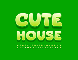 Vector green banner Cute House. Artistic Alphabet Letters and Numbers. Modern bright Font