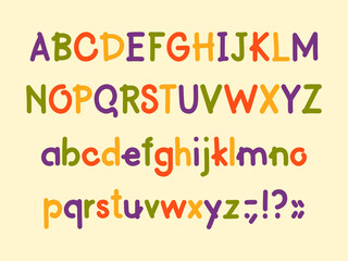 Colorful kids alphabet. Playful hand-drawn font for the design of children's books, clothes, cards, posters, etc.
