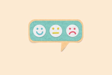 Paper cut texture set of emoji emoticons in speech bar with sad and happy mood. Increase rating,...