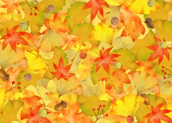 Naklejka na ściany i meble 秋の紅葉した葉っぱと木の実の敷き詰められた大胆でオシャレなゴールドベクターフレームイラスト素材 