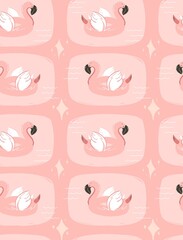 Hand drawn vector abstract cartoon summer time fun pop illustration seamless pattern with pink flamingo buoy float circle isolated on background