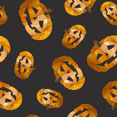 Halloween seamless background, laughing orange pumpkins of different sizes chaotically arranged on a dark background. Holiday wrap design. Watercolor illustration in collage technique.