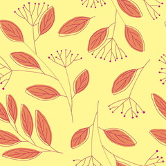 Hand drawn seamless botanical pattern in doodle style. Simple pink brown branches with leaves and berries on a light yellow background. For fabric, wallpaper or surface design.
