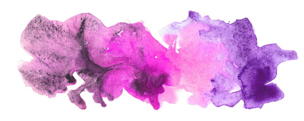 Hand-drawn watercolor illustration. Horizontal violet ink spot with granulation, isolated on a white background.