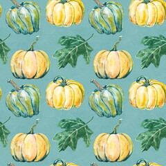 Seamless hand drawn pattern of ripe yellow pumpkins and green leaves on a green background. Design for wallpaper or textile of harvest festival or halloween party.
