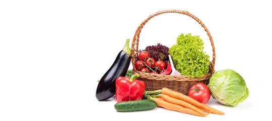 Wall murals Fresh vegetables variety of fresh and ripe vegetables in basket isolated on white background with copy space