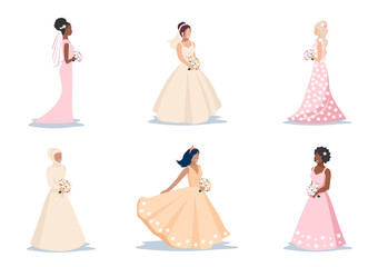 Vector set of beautiful brides in wedding dresses. Wedding dresses and accessories. For designing a flyer, poster or advertising in social networks.