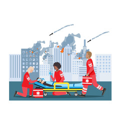 A team of paramedics assist the wounded during military operations. Ambulance, urgent medical care. Thank you doctors and nurses. Military medicine. Vector illustration.