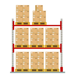 Metal racks for a warehouse with boxes on pallets. Flat design, front view. Vector illustration.
 Boxes on wooded pallet illustration, flat style warehouse cardboard parcel boxes stack front view 