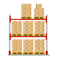 Metal racks for a warehouse with boxes on pallets. Flat design, front view. Vector illustration.
 Boxes on wooded pallet illustration, flat style warehouse cardboard parcel boxes stack front view imag