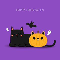 Black cat banner. Black kitten face head. Funny Cute kawaii cartoon baby character. Happy Halloween. Flat design. Purple background. Vector