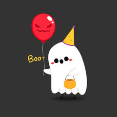 Cute ghost cartoon vector. Halloween party with cute ghost and fancy balloons. Trick or treat with holidays cartoon character.