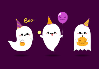 Happy halloween party greeting card with cute ghost. Holidays cartoon character. Cute spooky ghosts.