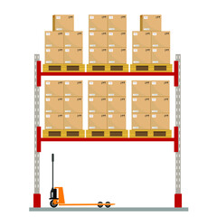 Metal racks for a warehouse with boxes on pallets. Flat design, front view. Vector illustration.
 Boxes on wooded pallet illustration, flat style warehouse cardboard parcel boxes stack front view imag