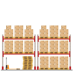 Boxes on wooded pallet illustration, flat style warehouse cardboard parcel boxes stack front view image Box on pallet in warehouse. Cardboard boxes in front on wooden palettes. Icon of delivery
