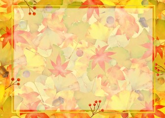 秋の紅葉した葉っぱと木の実の敷き詰められた大胆でオシャレな和風ゴールドフレームイラスト素材
