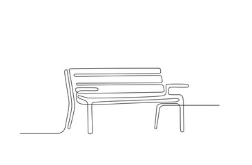 Bench in line art style. Continuous one line minimalism style drawing. Wooden furniture for outdoor relax. Single line illustration in perspective view. Handdraw contour. Doodle vector