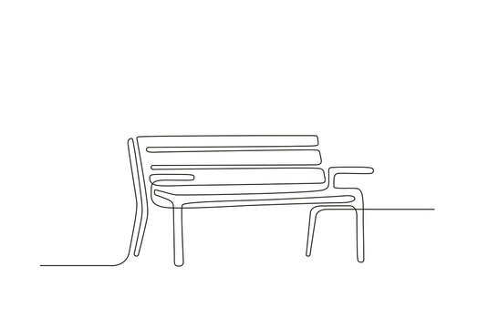 Bench In Line Art Style. Continuous One Line Minimalism Style Drawing. Wooden Furniture For Outdoor Relax. Single Line Illustration In Perspective View. Handdraw Contour. Doodle Vector