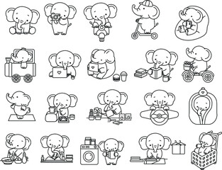Obraz premium Cute elephant cartoon bundle outline,hand drawn, for kids,baby characters, wedding,card.vector illustration