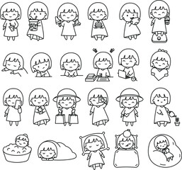Big set cute girl cartoon character ,flat icon outline for sticker,planner.vector illustration