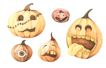 Set of pumpkins for Halloween. Isolated on white background. Watercolor illustration.