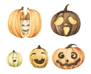 Set of pumpkins for Halloween. Isolated on white background. Watercolor illustration.