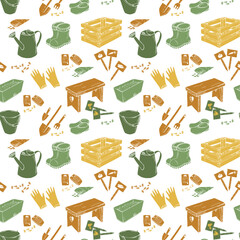 Bright fun colored seamless pattern with silhouette garden tools, watering can, boots, shovels, seeds. Endless texture with green brown yellow elements on white background. Vector illustration.