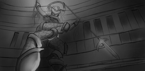 formidable Statue with a spear of a forgotten god made of stone showing the approach of danger