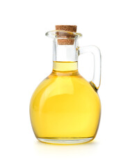 Bottle of cooking oil with cork cap isolated on white background. Clipping path. - obrazy, fototapety, plakaty