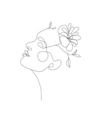 abstract floral background, woman face continuous line drawing. Fashion concept, woman beauty minimalist, vector illustration