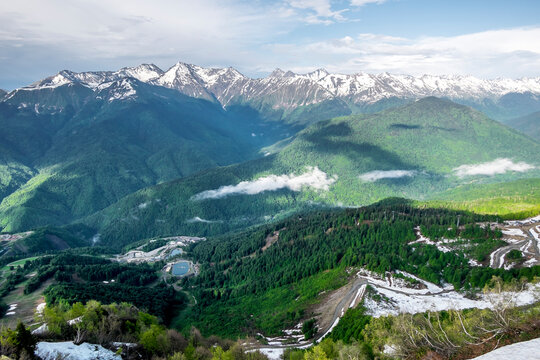 View From Observation Deck At  Roza Peak Mountain In Sochi Resort City Roza Khutor