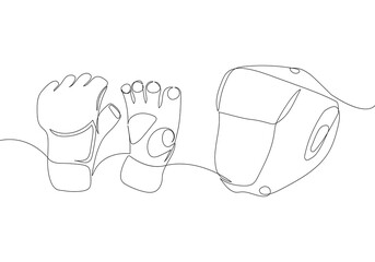 MMA set with gloves and helmet one line art. Continuous line drawing of boxing gloves, shingard, mixed martial arts, sport, sports, activity, struggle, fight, athlete, strength, aggression, training.