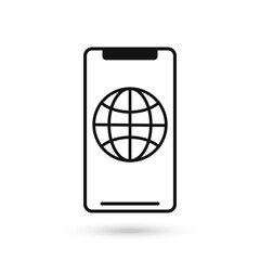 Mobile phone flat design icon with globe symbol