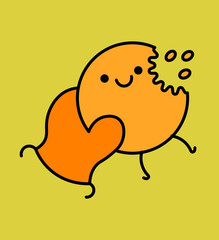 cartoon hand holding a bitten kawaii cookie with a happy smiling face, vector icon, sticker label design