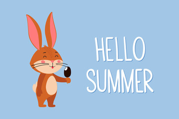 A postcard template with a cute Rabbit, the symbol of the year 2023 in the Chinese calendar. Hand-written text 