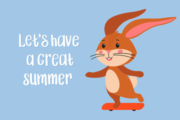 A postcard template with a cute rabbit, the symbol of the year 2023 in the Chinese calendar. Handwritten text "Let's have a great summer". Vector stock illustration.