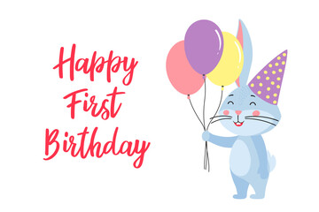 A cozy greeting card template with a cute rabbit, the symbol of the year 2023 according to the Chinese calendar. Handwritten text of "Happy first Birthday". Vector stock illustration.