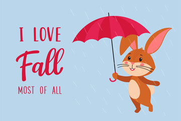 A cozy greeting card template with a cute rabbit, the symbol of the year 2023 according to the Chinese calendar. Handwritten text "I love fall most of all". Vector stock illustration.