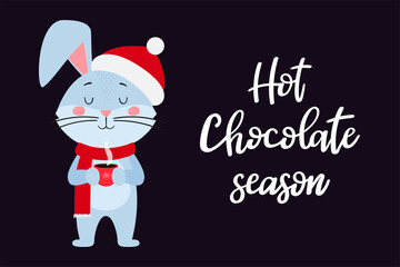 A postcard template with a cute rabbit, the symbol of the year 2023 in the Chinese calendar. Handwritten text "Hot chocolate season". Vector stock illustration.