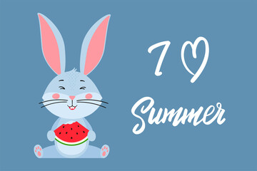 Postcard template with a cute rabbit, the symbol of the year 2023 in the Chinese calendar. Handwritten text "I love summer". Vector stock illustration.