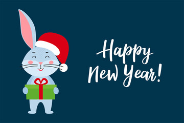 A Christmas or New Year card template with a cute rabbit, the symbol of the year 2023 in the Chinese calendar. Handwritten text of 