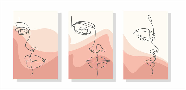 Modern abstract line minimalistic women faces and arts background with different shapes for wall decoration, postcard or brochure cover design. Vector illustrations design.