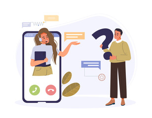Customer support, customer service content. Cartoon character asking questions, chatting with personal assistant. Smartphone screen with hotline operator in headset helping clients vector illustration