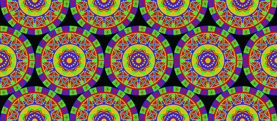 Colorful seamless patchwork pattern with mandalas in ethnic style. Decorative ornament.