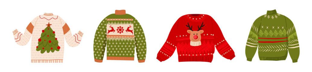 Ugly Christmas sweaters vector set. Cartoon cute wool jumpers with Norwegian ornaments. Knitted winter holidays pullover with funny reindeer, Christmas tree, snowflakes december clothing isolated