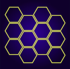 neon yellow honeycomb. isolated geometric pattern of many hexagons glowing in the dark yellow lines on a dark blue background for a design template