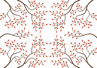 Background of autumn twigs with red leaves in Japanese style. Vector image.