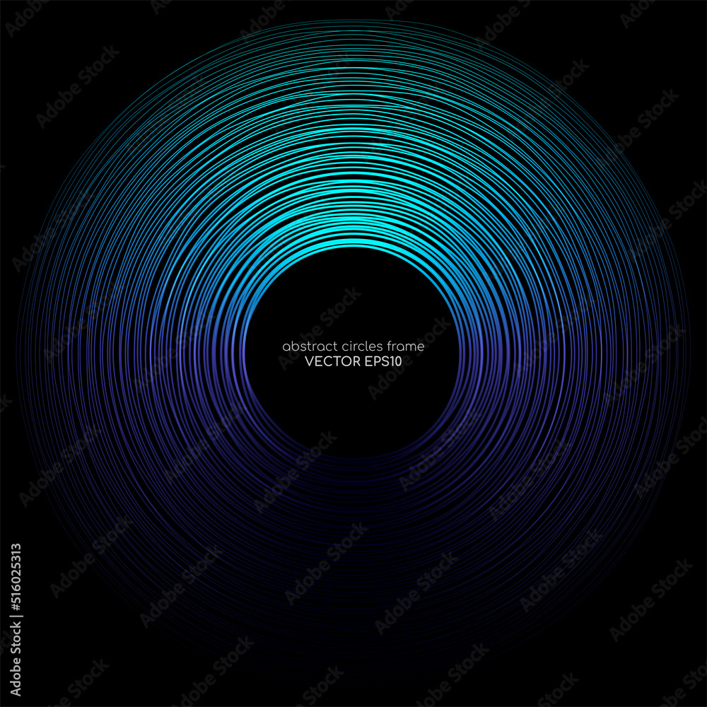 Poster abstract circles line wave expand pattern border frame by gradient blue green light isolated on black background.