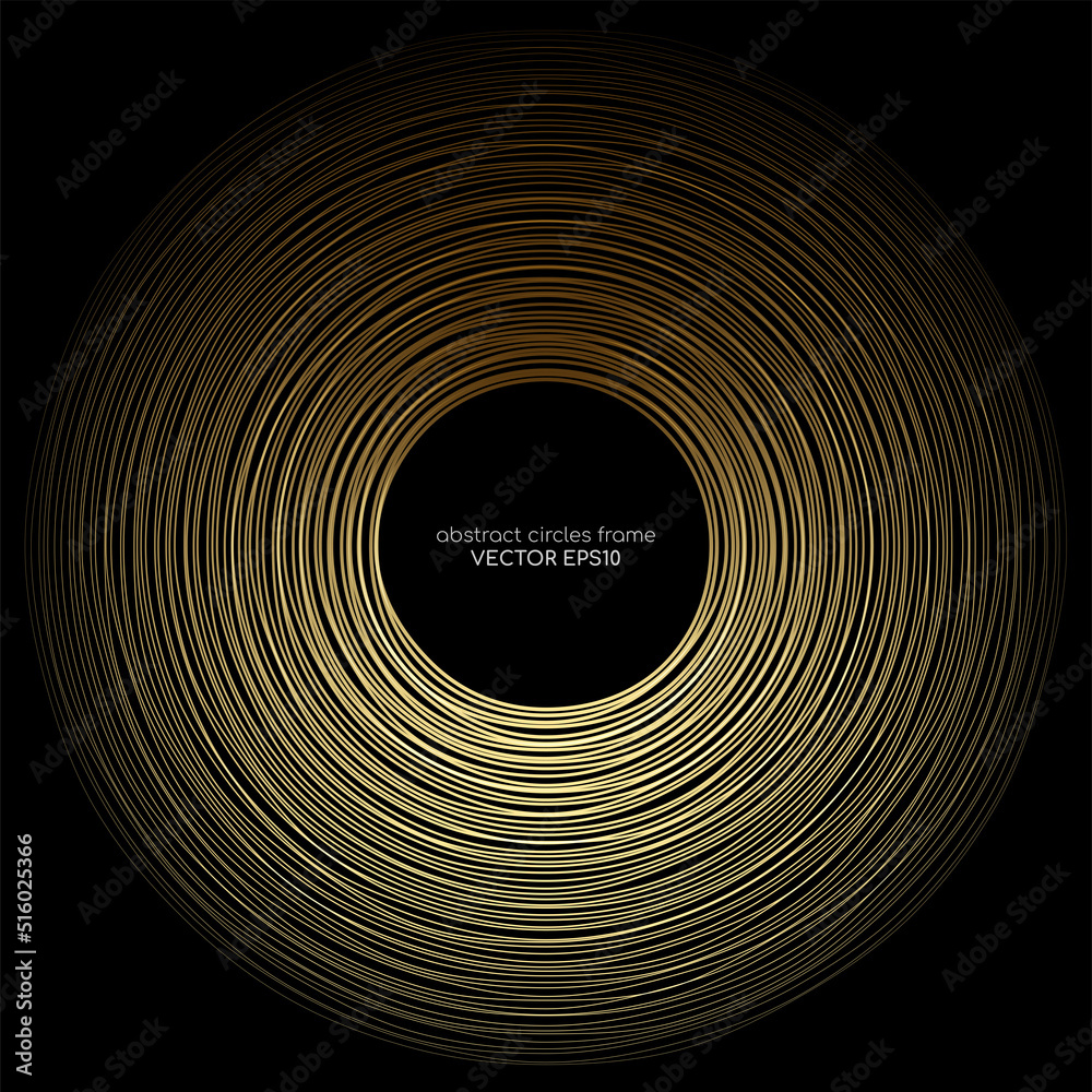 Poster abstract circles line wave expand pattern border frame by gold gradient isolated on black background.