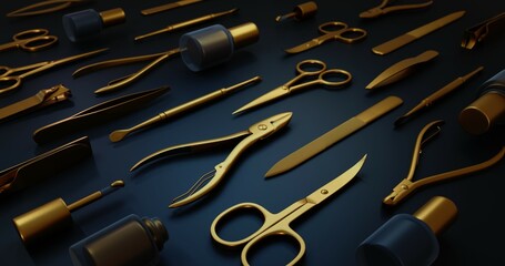 3d manicure, pedicure model illustration set. Luxury gold and black art supplies. Nail scissors, emery board, cuticle scissors, nail file, tweezers, manicure buffer, nail clippers, gel polish - obrazy, fototapety, plakaty